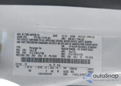 2014 Ford Focus Se z USA, uszkodzony, nr VIN 1FADP3K26EL238606